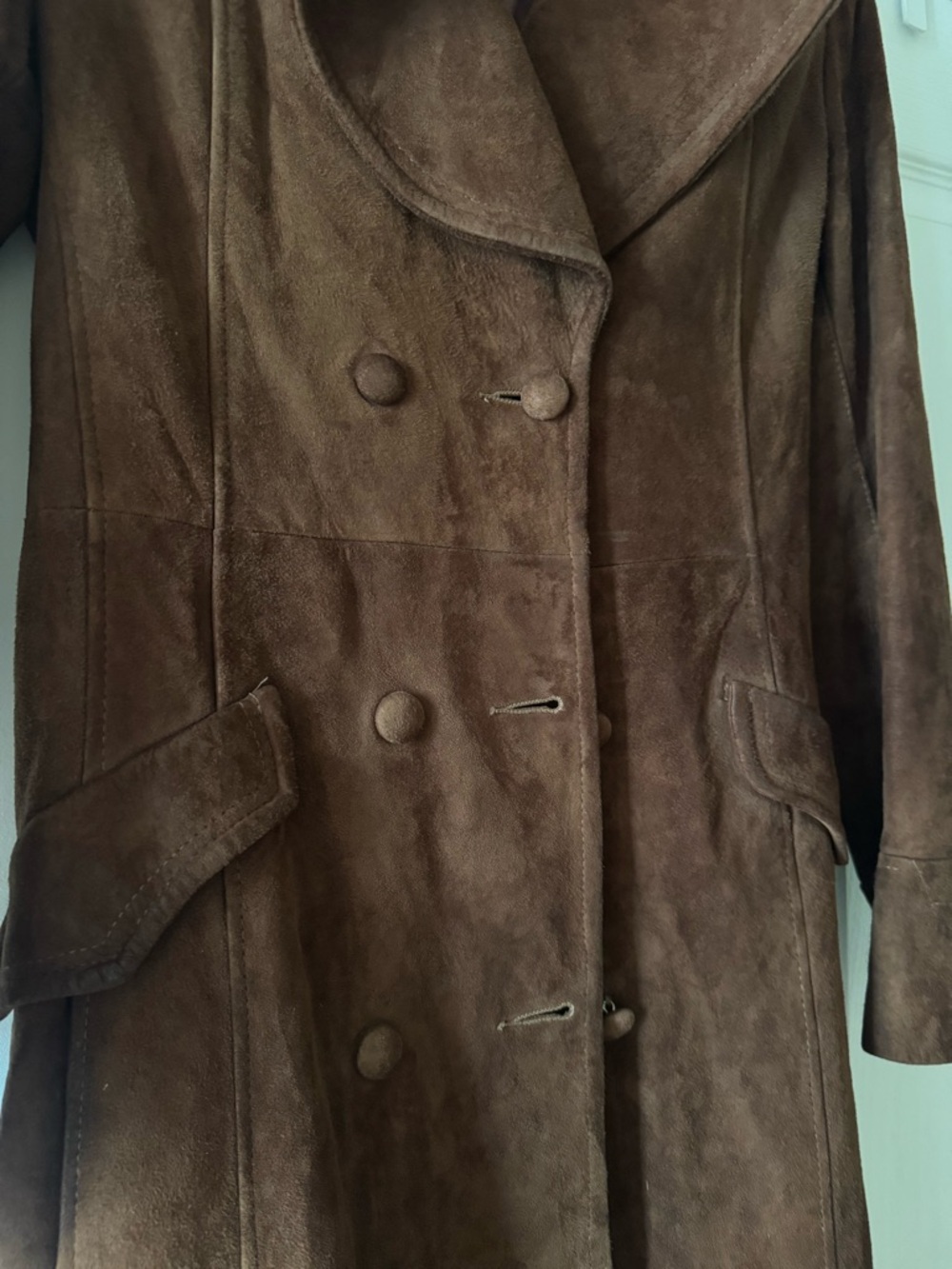 Vintage Women's chocolate Brown Suede Long Double-Breasted Coat trench coat - Picture 2 of 6